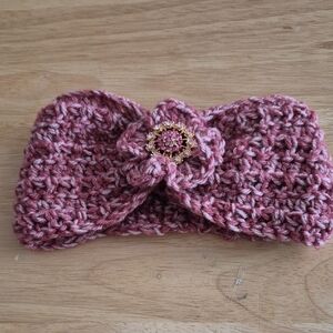 Handmade Crocheted Headband with Floral Brooch - Dusty Rose